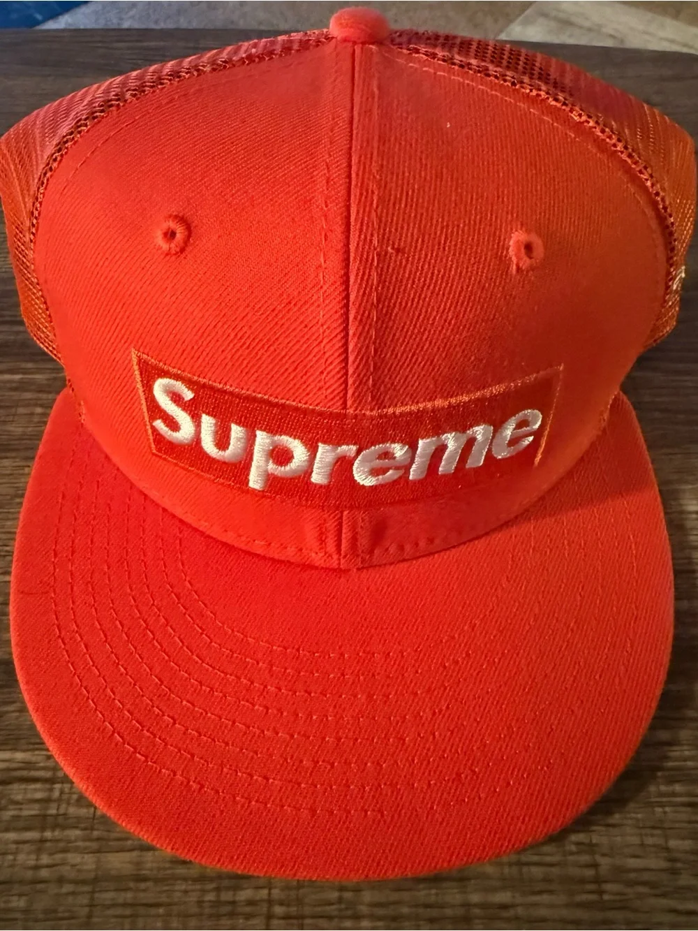 Supreme Logo Box Red Mesh Fitted Trucker Hat with White Embroidered Logo